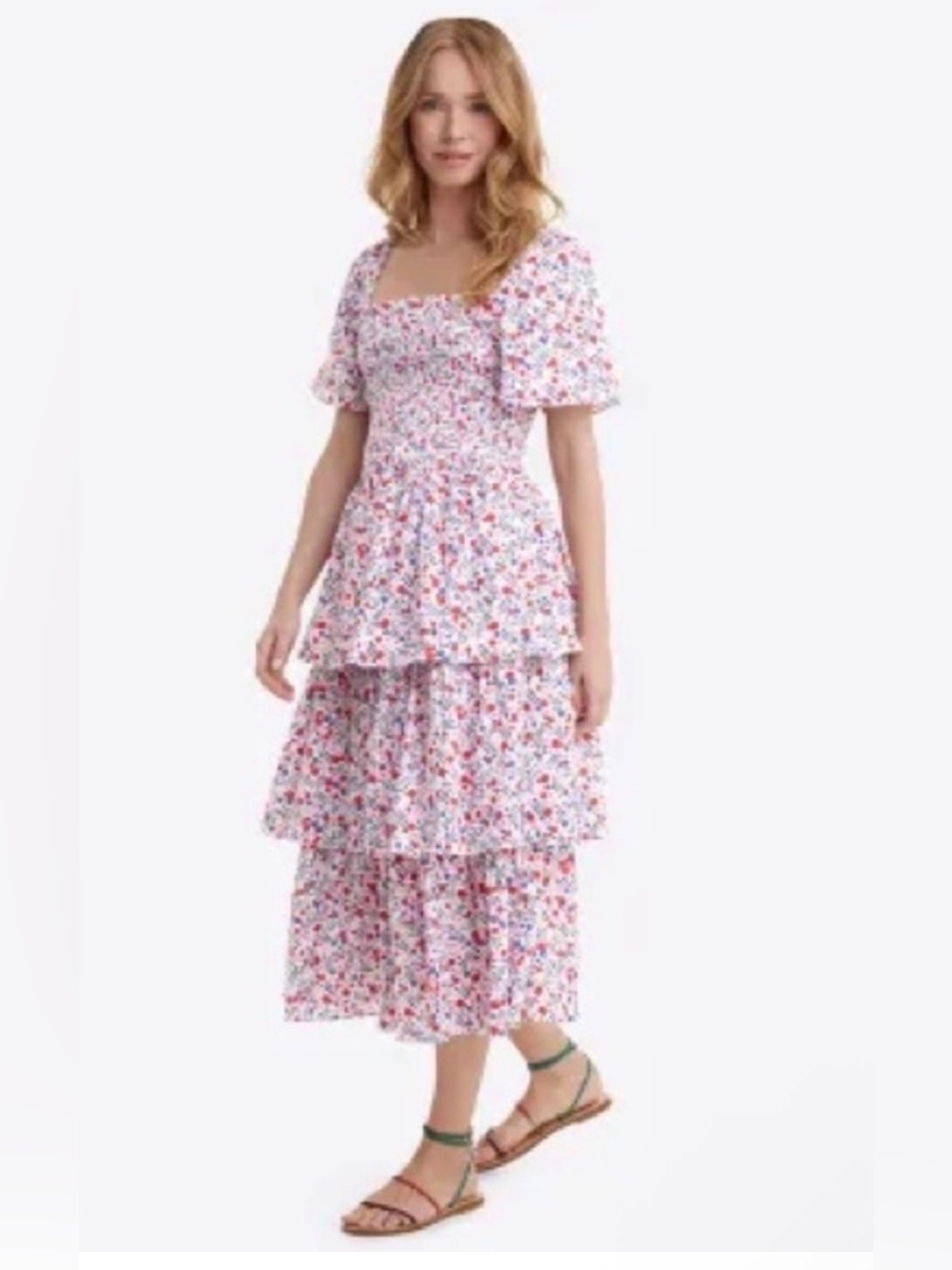 Draper James Floral Smocked Midi Dress - Red & Blue Floral